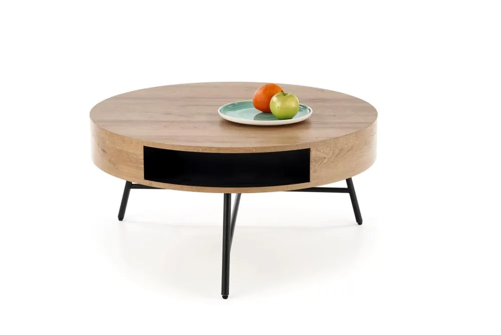 Illustration numéro 2 du produit Table basse ronde aspect chêne doré avec structure en acier noir 80cm