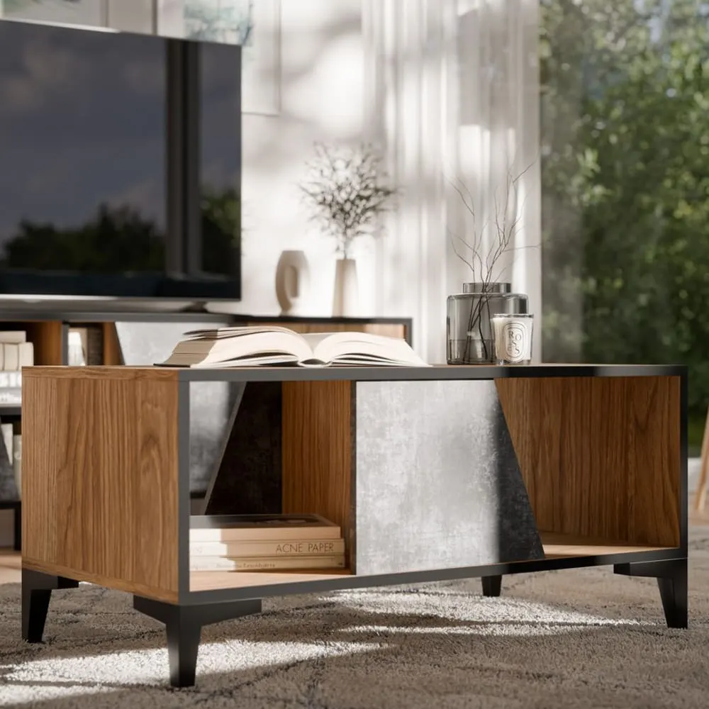 Illustration numéro 2 du produit Table basse design couleur chêne et béton foncé 90 x 50 m