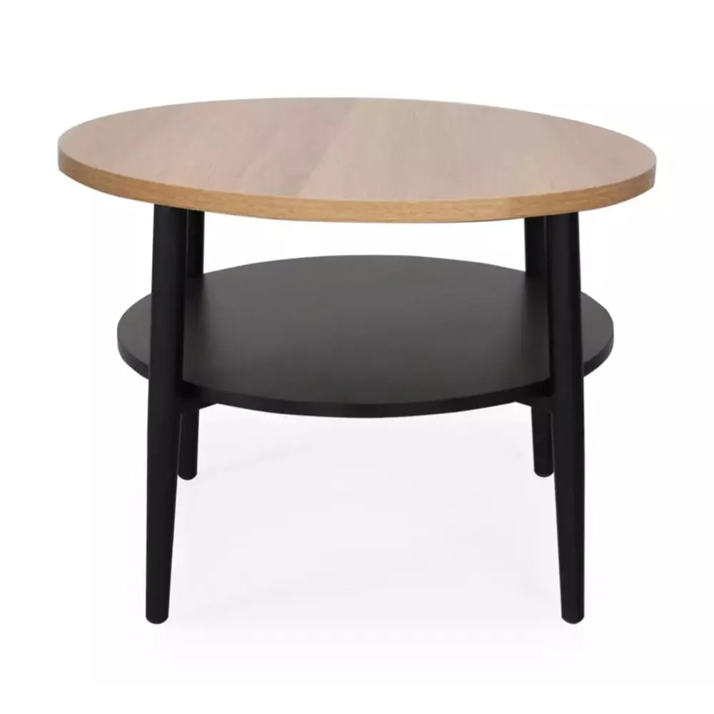 Illustration numéro 2 du produit Table basse ronde chêne et noir avec double plateau et pieds fins