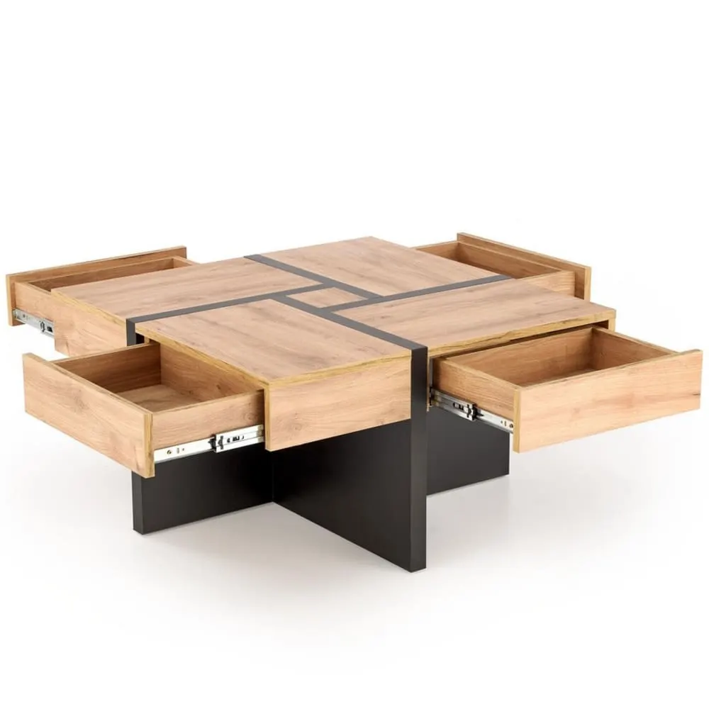 Illustration numéro 2 du produit Table basse design aspect chêne noir mat avec 4 tiroirs