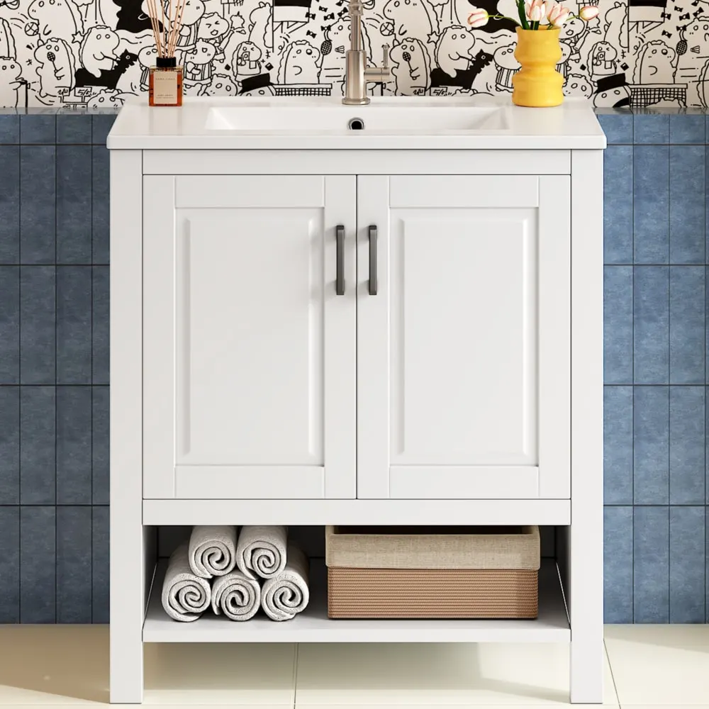 Illustration numéro 2 du produit Meuble sous-vasque 76 cm blanc avec vasque, doubles portes et niche