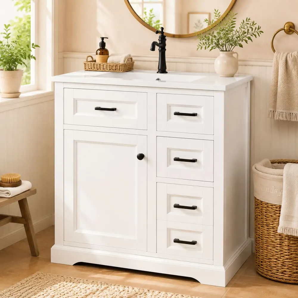 Illustration numéro 2 du produit Meuble sous-vasque 76 cm blanc avec vasque, tiroirs et rangements