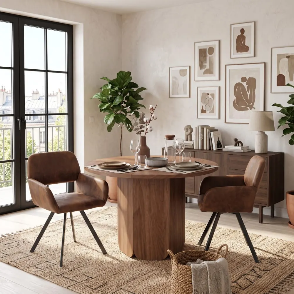 Illustration numéro 2 du produit Ensemble table ronde 120 cm et 2 chaises marron effet cuir
