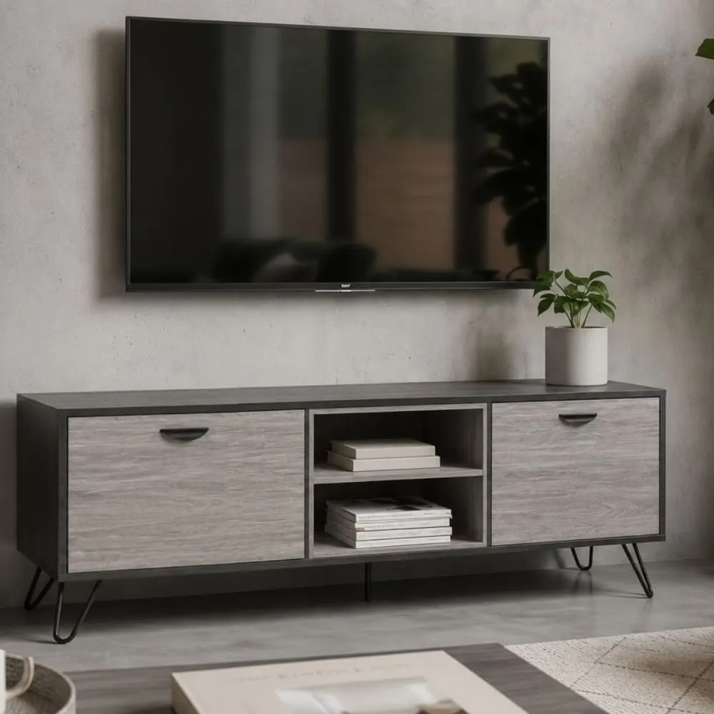 Illustration numéro 2 du produit Meuble tv 2 portes 2 niches 180cm aspect bois grisé et noir
