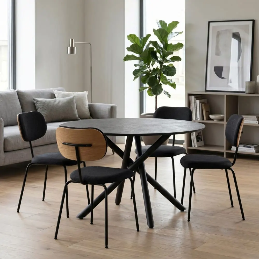 Illustration numéro 2 du produit Lot de 2 chaises tissu maille noir arrière dossier bois pieds métal