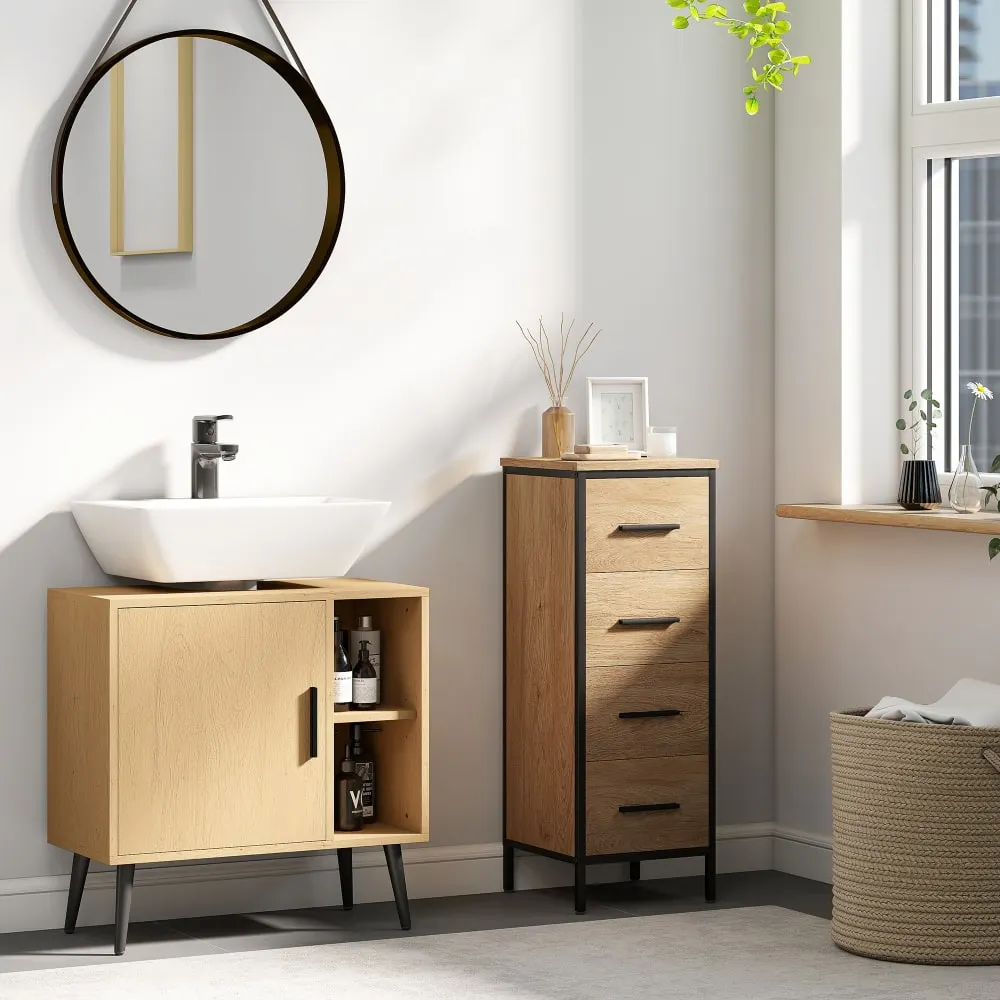 Illustration numéro 2 du produit Meuble sous lavabo salle de bain étagère réglable chêne