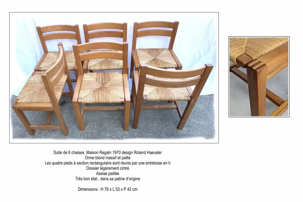 Illustration numéro 2 du produit Suite de 6 chaises en orme et paille Maison Regain