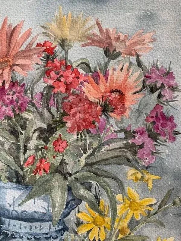 Illustration numéro 2 du produit Aquarelle ancienne signée Jany. F. Millet (1926-1992), bouquet de fleurs sous verre encadré, 1950