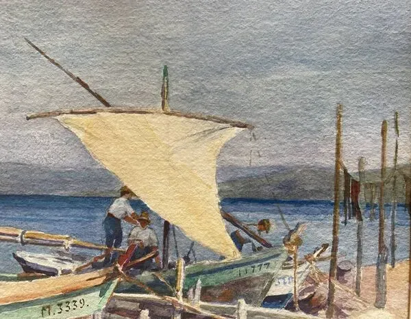 Illustration numéro 2 du produit Tableau ancien ''Marine aux bateaux'' signé Marie Piat , années 30-40