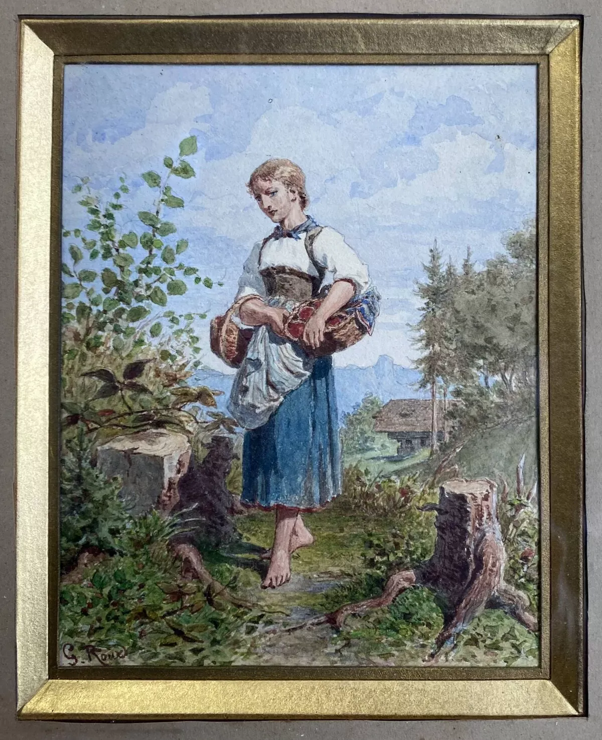 Illustration numéro 2 du produit Tableau Aquarelle ''Jeune femme au panier'' Gustave Roux (1828-1885)