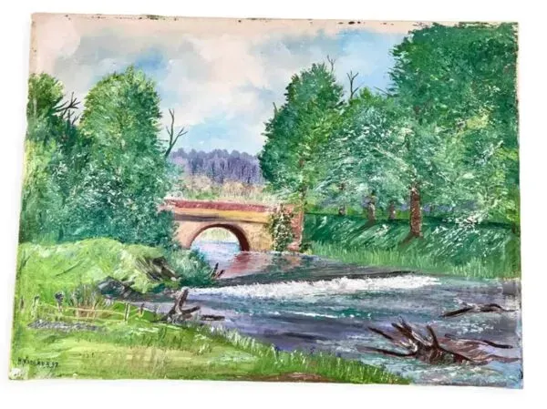 Illustration numéro 2 du produit Tableau huile sur toile paysage rivière signé vintage