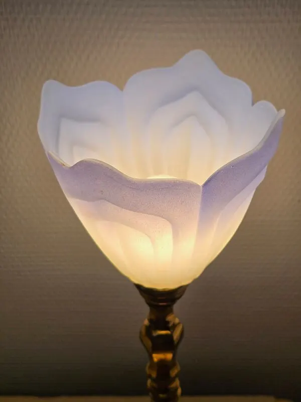 Illustration numéro 2 du produit Lampe à poser bleu doré laiton et tulipe opaline Art nouveau