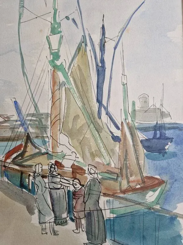 Illustration numéro 2 du produit Henri Epstein (1891-1944) - Aquarelle sur papier - Port animé - Signée