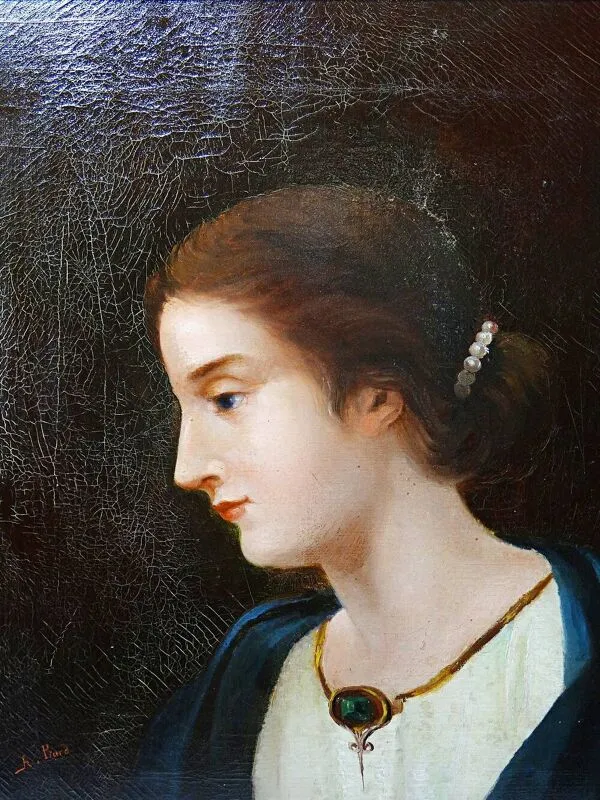 Illustration numéro 2 du produit Ancien portrait de jeune femme de profil, huile sur toile A.Piard XIXe