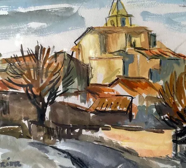 Illustration numéro 2 du produit Aquarelle encadrée Mourier Marguerite ''l'église du village