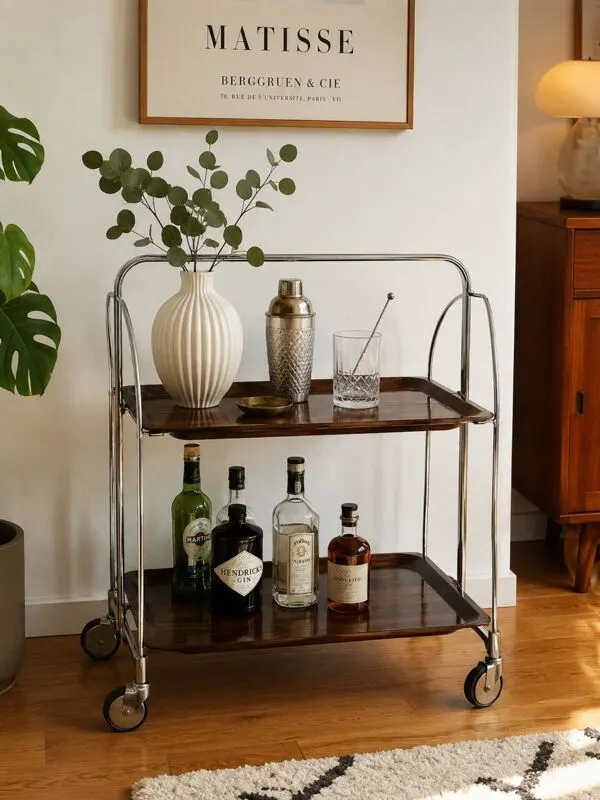 Illustration numéro 2 du produit Desserte, mini bar ou chariot de service sur roulettes années 70