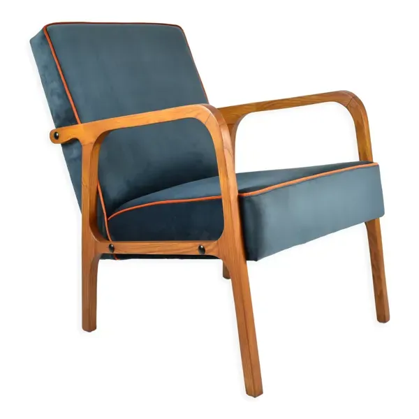 Illustration numéro 2 du produit Fauteuil vintage original velours bleu océan années 1960