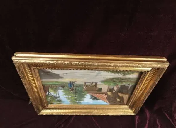 Illustration numéro 2 du produit Tableau ancien peinture huile école francaise de Barbizon cadre bois