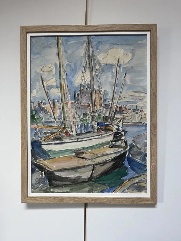 Illustration numéro 2 du produit Ecole Française Du XX° Siècle, Voiliers Dans Le Port De La Palma, Aquarelle