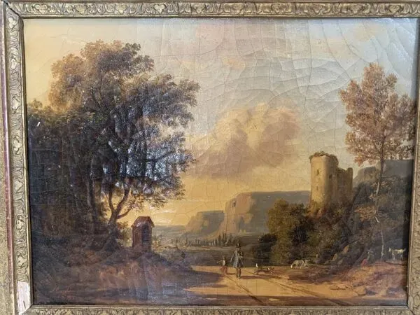 Illustration numéro 2 du produit Huile sur toile ''Paysage animé '' cadre en bois et stuc doré XIX siècle