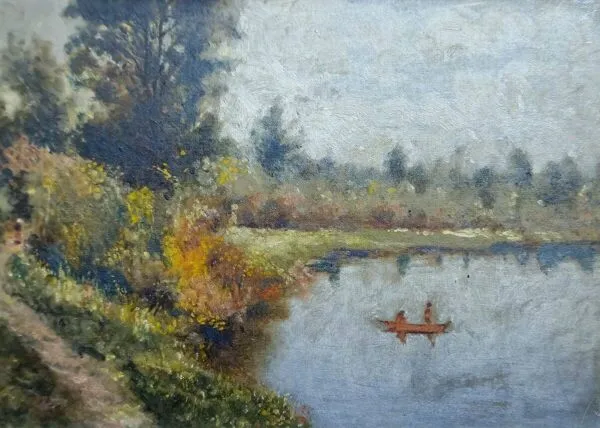 Illustration numéro 2 du produit Huile sur panneau ancienne – paysage au bord de l’eau – cadre ancien doré