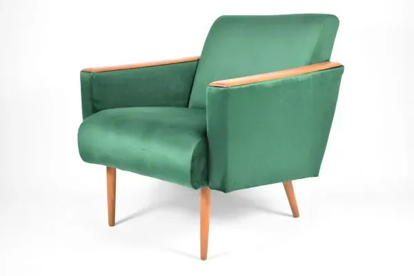Illustration numéro 2 du produit Fauteuil original vintage, années 1960, restauré, bouteille en velours vert
