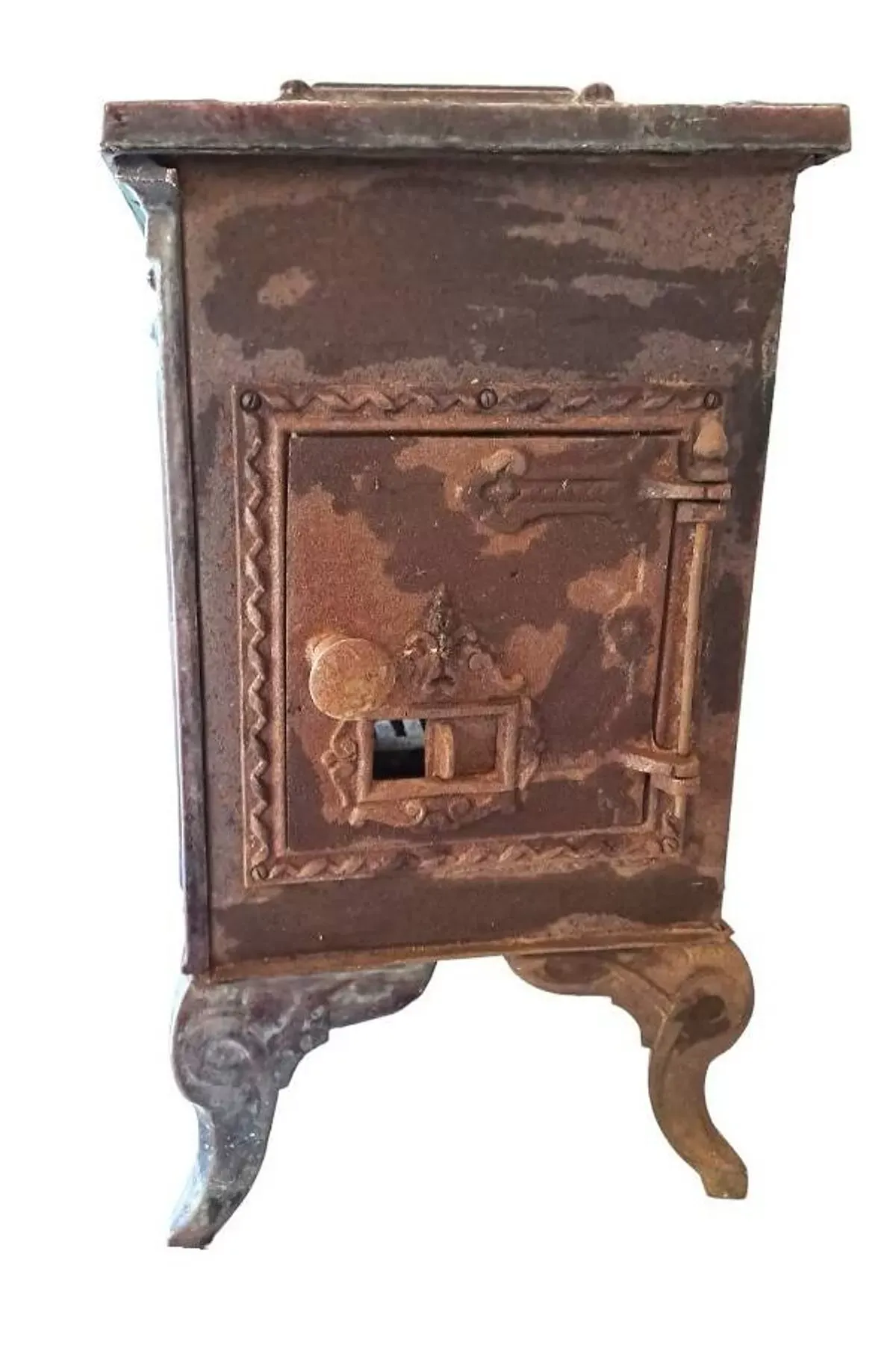 Illustration numéro 2 du produit Poêle à bois ancien en fonte émaillée art deco marque phebus coloris aubergine