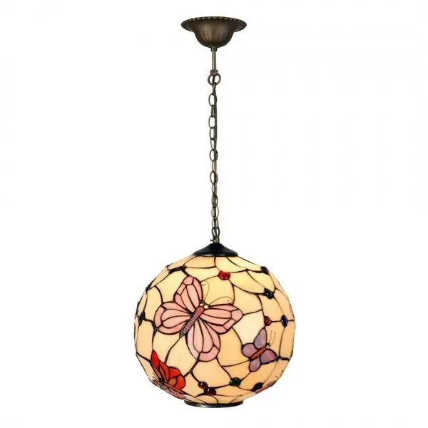 Illustration numéro 2 du produit Lampe à suspension ronde Tiffany avec papillons