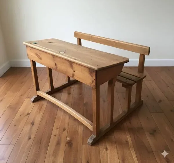 Illustration numéro 2 du produit Bureau d'écolier en chêne début XXème avec ses encriers