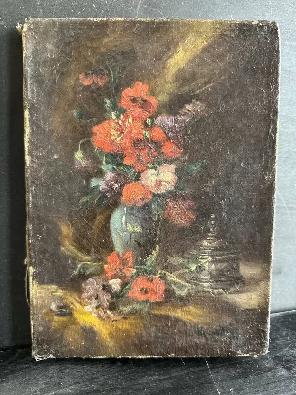 Illustration numéro 2 du produit Nature morte miniature, peinture à l’huile signée du XIXe siècle, école fra