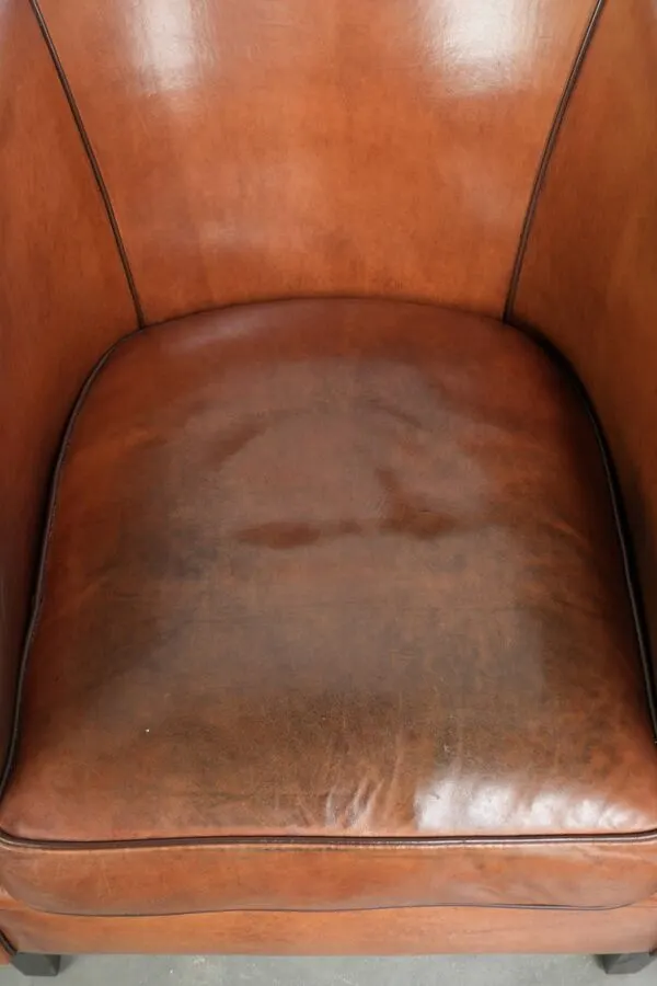 Illustration numéro 2 du produit Fauteuil club en peau de mouton vintage avec une palette de couleurs chaudes et des passepoils noirs.