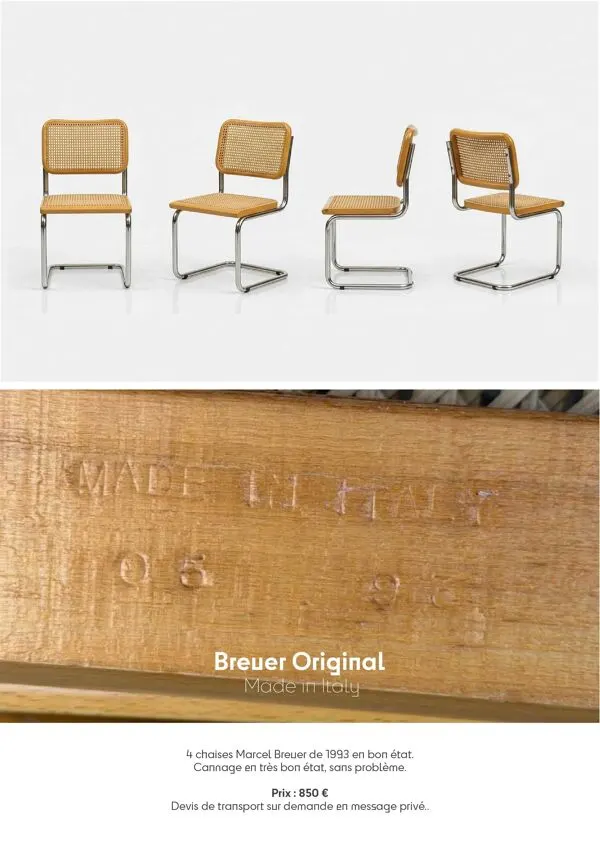 Illustration numéro 2 du produit 4 chaises Breuer originales — fabriquées en Italie, 1993.
