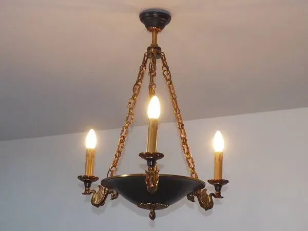 Illustration numéro 2 du produit Lucien Gau French Empire Bronze Chandelier: Swan Arms, Green Tole