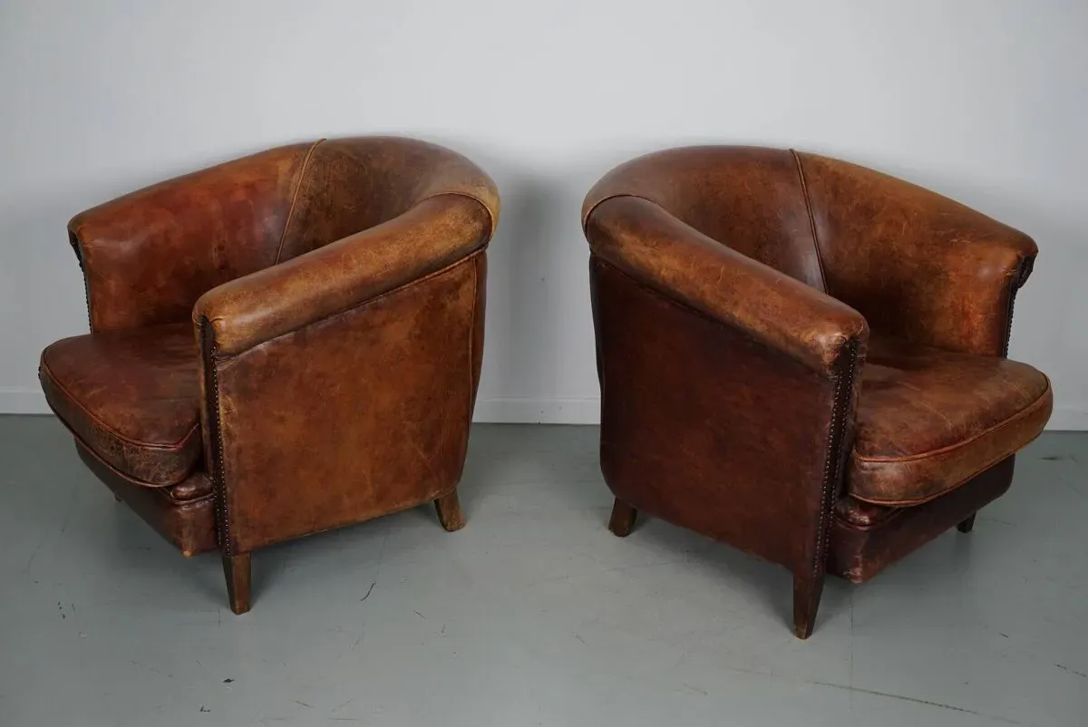 Illustration numéro 2 du produit Fauteuil club vintage hollandais en cuir couleur cognac, lot de 2