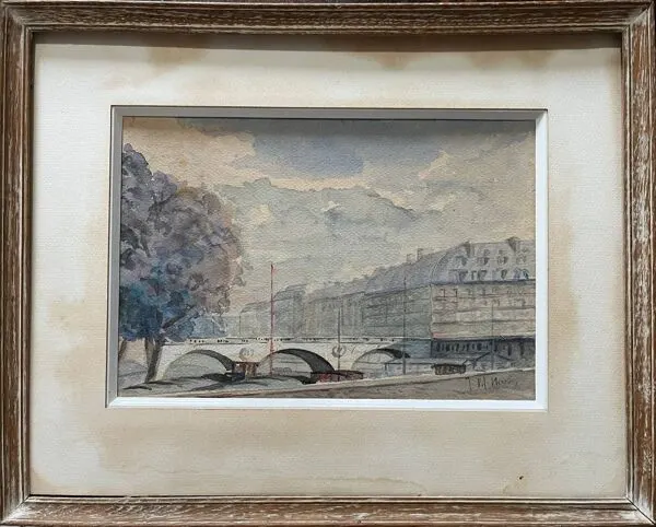 Illustration numéro 2 du produit Tableau Aquarelle début XX° Pont de Paris Bord de Seine signé J. M. Nicolle