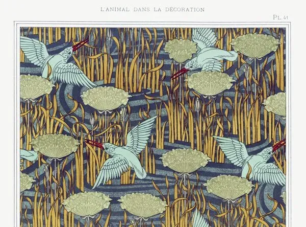 Illustration numéro 2 du produit Affiche “Martins-pêcheurs et chevaux”, d’après une lithographie art nouveau