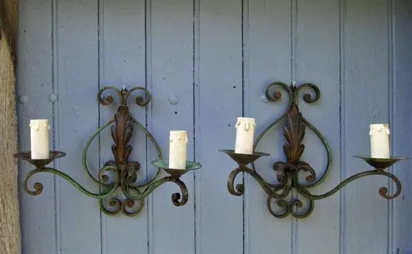 Illustration numéro 2 du produit Art Deco Wrought Iron Wall Sconces: French Tole Twin Arm Lights