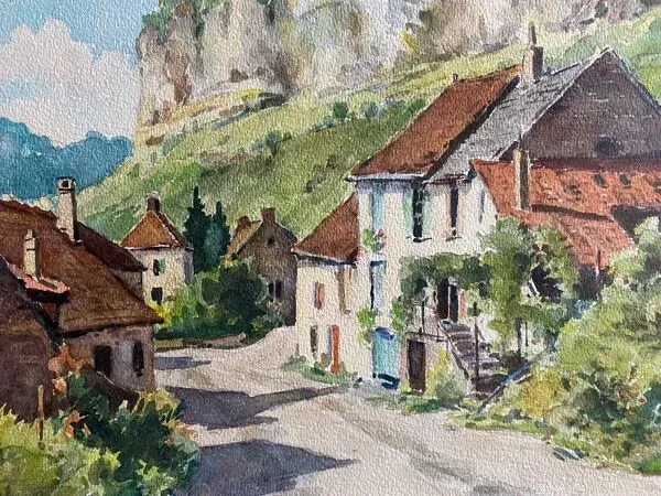 Illustration numéro 2 du produit Tableau Aquarelle Jeep Nefkens (1926/1999) Aquarelle Village en bord de falaise