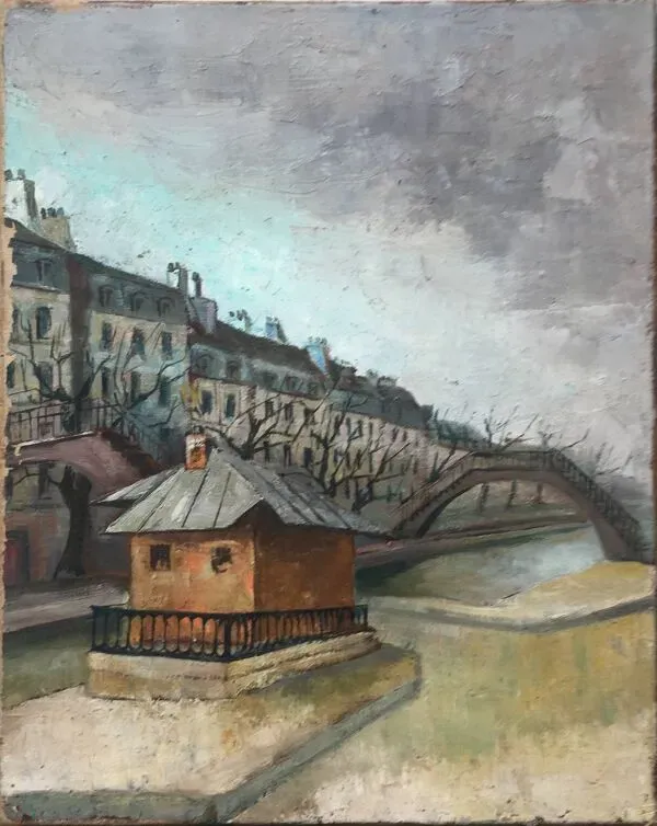 Illustration numéro 2 du produit Tableau hst ''ecluse du canal st martin'' paris vers 1950 - ecole de paris