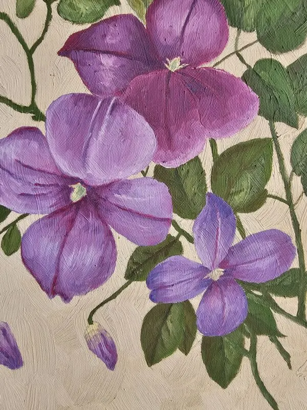 Illustration numéro 2 du produit Tableau huile sur panneau - fleurs clématites mauves signé colson lydie