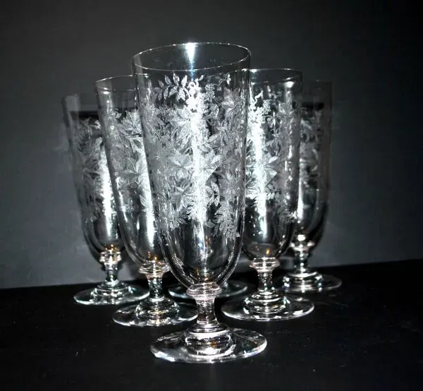 Illustration numéro 2 du produit Lot 6 verres à bière verrerie portieux bocks bistrot gravé acide 1920-1930