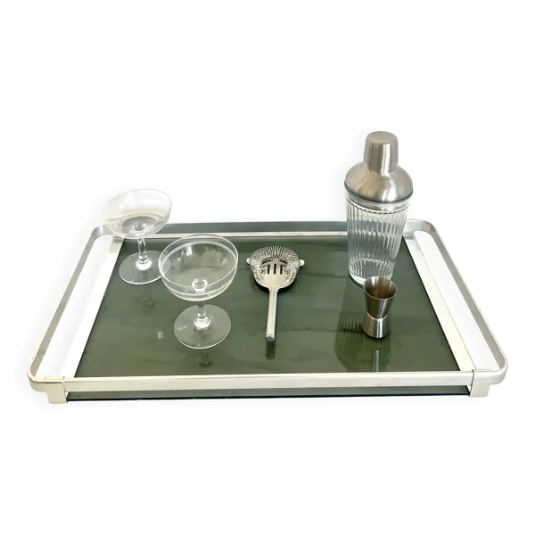 Illustration numéro 2 du produit Plateau en acier et verre fumé MB Italy Années 70