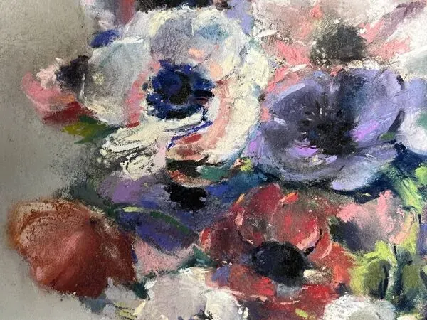 Illustration numéro 2 du produit BURON Henri, Pastel nature morte bouquet anémones signé vers 1950