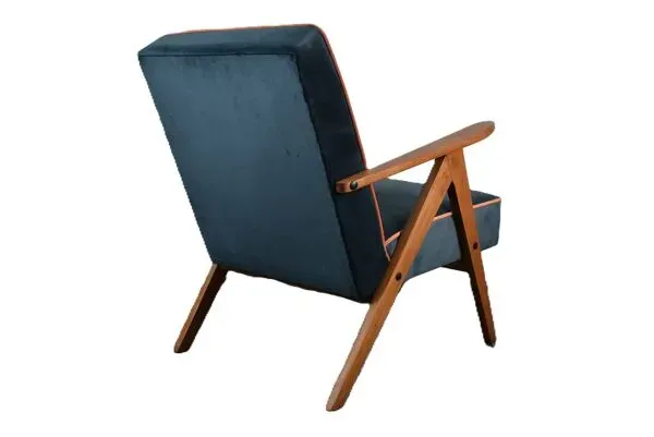 Illustration numéro 2 du produit Chaise compas restaurée, tissu jaune canari, fil orange, teck, 1960