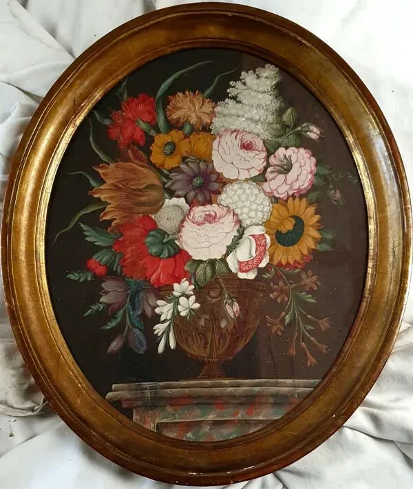 Illustration numéro 2 du produit Tableau ancien vase médicis avec fleurs sur table en marbre école j fr