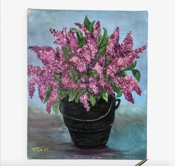 Illustration numéro 2 du produit Tableau huile sur toile bouquet de fleurs lilas vintage signée