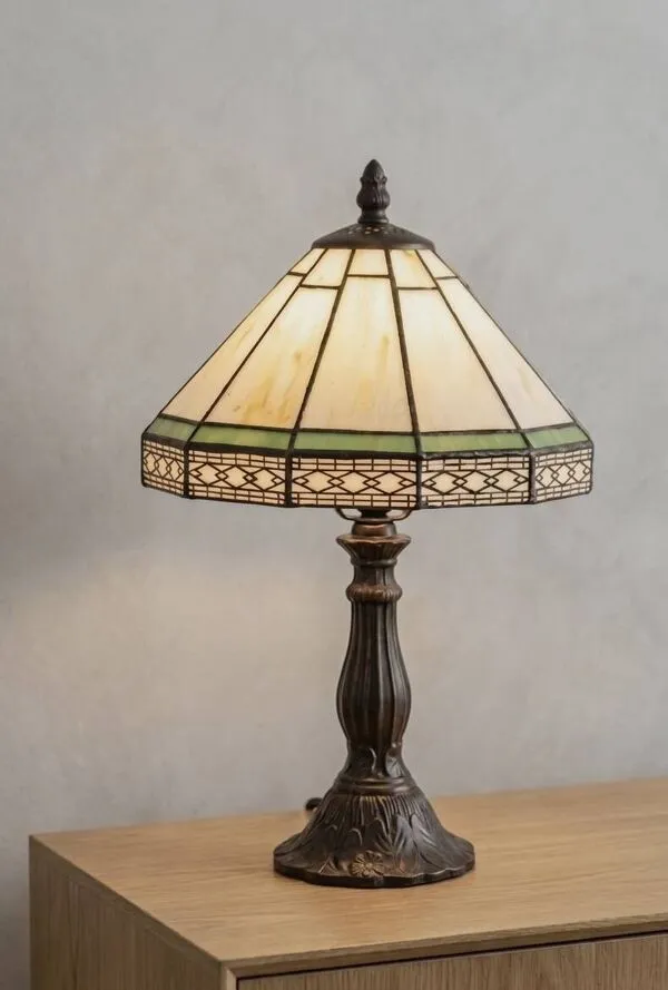 Illustration numéro 2 du produit Lampe vitrail style Tiffany vert et blanc ambré inspiration vintage