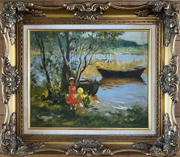 Illustration numéro 2 du produit Tableau HST Post impressionniste en cadré signé Poretskov ''Fillettes au bord du lac