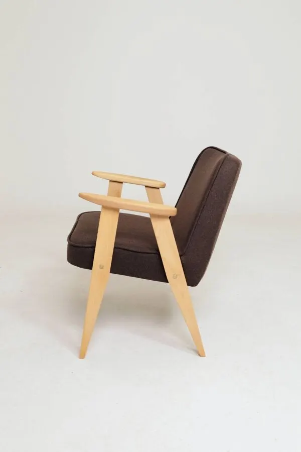 Illustration numéro 2 du produit Fauteuil rétro en tissu en laine cacao, bois de hêtre naturel