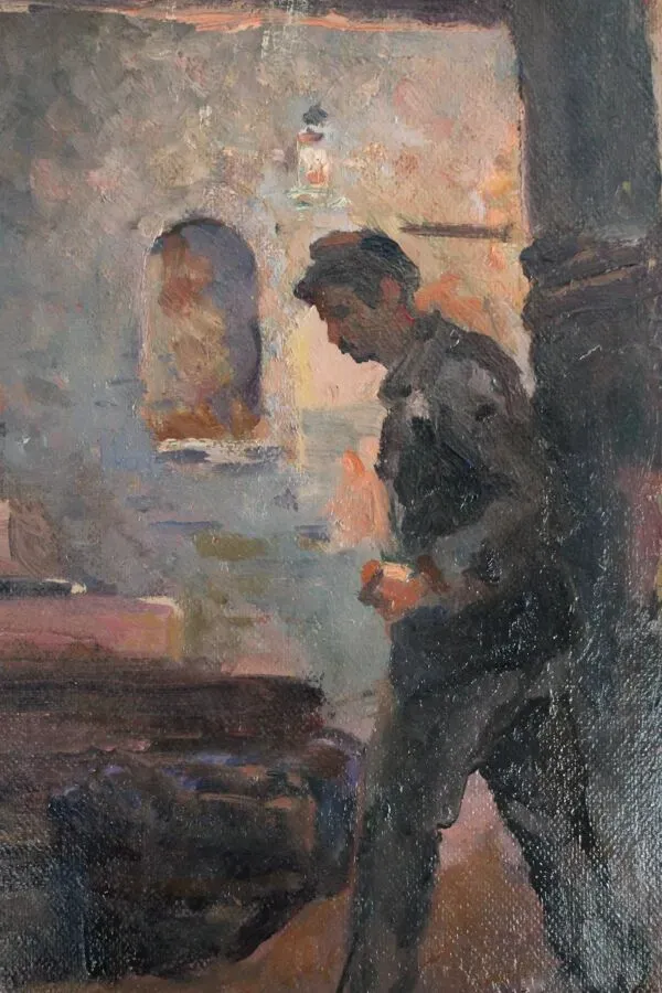 Illustration numéro 2 du produit Huile sur isorel ''Deux ouvrier à la presse'' peinture post-impressionniste